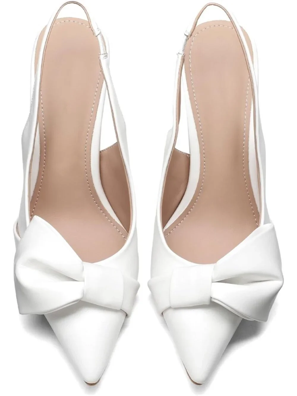 Women's Pu White Slingback Heels with Bow Pointed Toe Pumps Dress Shoes